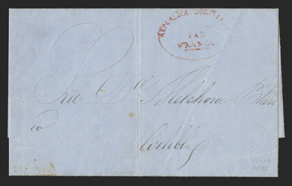 Paz Franca Republic Boliviana, Department of La Paz, red oval handstamp on 1856 folded letter to Cochobamba, fine and scarce.