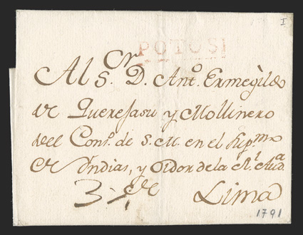 Potosi light brown red handstamp measuring 33x6mm on 1791 folded cover addressed to the magistrates of royal? in Lima, ms. 3½ (real), faint vertical filed fold, otherwise fresh
and very fine.