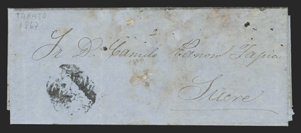TarataFranca Department of Cochabamba, black negative handstamp on 1867 folded letter to Sucre, some cover aging, otherwise fine and rare.