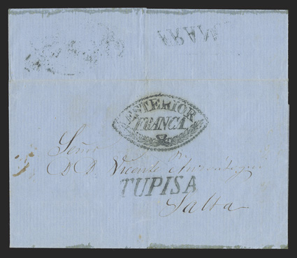 Tupisa, blue handstamp on folded cover to Salta (Argentina), with the rare EsteriroFranca ornate foreign mail marking, in addition there are offsets of Franca and another
ornate marking at the top, fine.