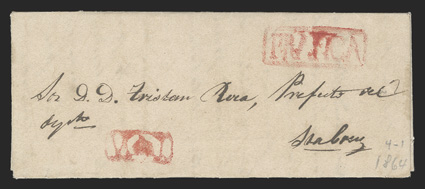 Veni and Franca, Department of Beni, red boxed handstamps of each on 1864 petite folded letter from Trinidad to Santa Cruz, fine all Veni covers are exceptionally rare, being a
remote interior area in the northeast portion of Bolivia encompa