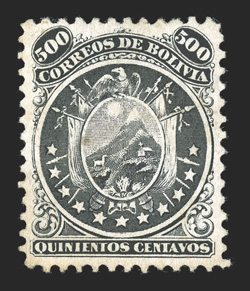 19, 1869 500c Black, eleven stars, unused, nicely centered, crisp impression, small toned spot and trivial thin, very fine appearance a rare stamp, with only 1,000
issued.