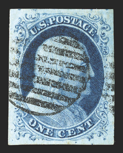 7, 1c Blue, Ty. II, position 91L1E, triple transfer, one inverted, a gem used example of this desirable variety which only occurred on one position of Plate One Late, marvelously
well margined, with lavishly large and well balanced margins a