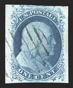 7, 1c Blue, Ty. II, position 91R3, a superb used example from this elusive plate, being a partial left straddle-pane margin example, featuring large to exceptionally large
margins all around, including showing a bit of the adjoining stamp at