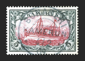 19, 1900 5M Slate and carmine, extraordinarily well centered, fresh color, light Bonaberi c.d.s. dated 4.2.09, extremely fine a scarce stamp genuinely used 2007 Steuer
certificate ex-Collier (Michel 19 Ç600).