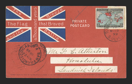 86, 1898 2c Black, blue and carmine Imperial Penny Postage, lovely single with rich colors, the blue approaching the deep blue, tied to allover front Union Jack post card,
posted to Honolulu, Hawaii, stamp tied by Toronto, CanadaS. DepotN