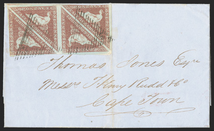 1, 1853 1p Brick red on slightly blued paper, block of four tied by triangular grid cancels on 1855 folded letter to Cape Town, Port Elizabeth My 7 1855 origination backstamp,
stamps with mostly full to large margins, just in at top right, fre