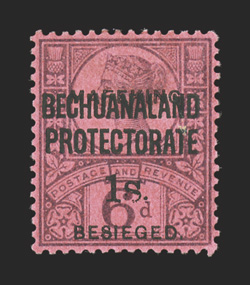 175, 1900 1- Mafeking surcharge on 6p Purple on rose red, particularly well centered, strong rich colors, o.g., relatively lightly hinged, very fine an especially select mint
example of this Mafeking surcharge rarity 1998 BPA certificate (S.G