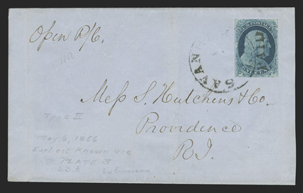 7, 1c Blue, Ty. II, plate 3, attractive single with four full and well balanced margins, plus its color is particularly strong, tied to a May 6, 1856 folded entire by a
Savannah, Geo. c.d.s., additionally the stamp has a central strike of a P