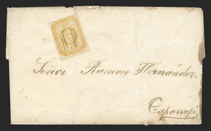 11, 1860 10c Yellow buff, single with four full to large margins and bright color, cancelled by light pen strokes, on folded cover to Caparrapi, cover with small edge wear,
stamp is very fine 2006 Colomphil and 2008 Scheller certificates.
