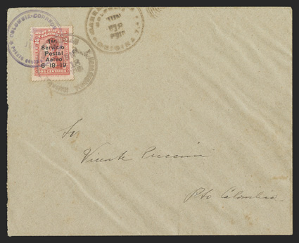 C1, 1919 1erServicioPostalAerio6-18-19 overprint on 10c Rose, fresh and well centered single tied to flown cover to Puerto Colombia by BarranquillaColombiaJun 18, 1919 first
day of issue datestamp and violet Colombia CorreosPuerto Co