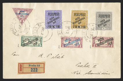 B32, B34-39, 1919 2h-4K PostaCeskoslovenska1919 semi-postal overprints, seven different singles tied by four strikes of Praha 1226 12 XI double circle datestamps to registered
cover with Prague registry etiquette, fresh and very fine sig