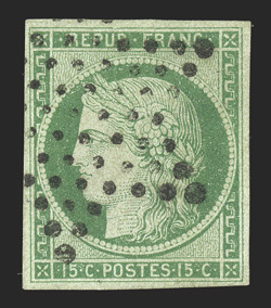 2, 1849 15c Green on greenish, full to large margins all around, strong rich color, neat star of dots cancel, very fine signed H. Bloch (Yvert 2 €1,000).