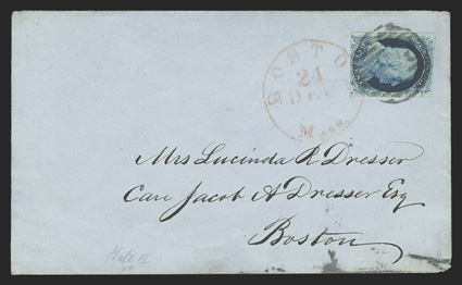 7, 1c Blue, Ty. II, a scarce single from plate 3, featuring incredibly intense color in a very deep shade, four ample margins, tied to blue colored cover by black circular grid
and matching red Boston, Mass.24 Dec c.d.s., locally addressed, s