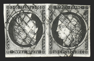 3c, 1849 20c Black on white paper, tete-beche pair, mostly large margins but close in a couple places, exceptionally fresh, neat diamond grid cancel, overall a very fine
example of this scarce tete-beche pair 1984 Holcombe certificate (Yvert 3