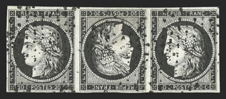 3c, 1849 20c Black on white paper, tete-beche pair, horizontal strip of three with the middle stamp inverted, full margins all around, strong impression on fresh paper, light
paper wrinkle affects the right two stamps, otherwise very fine signe