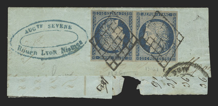 6c, 1849 25c Blue on yellowish, tete-beche, full even margins all around, strong color, tied to piece by complete diamond grid cancels, blue oval merchants handstamp alongside,
very fine a handsome example of this rare tete-beche pair 2010 du