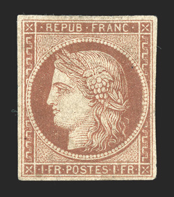 8, 1849 1Fr Vermilion, an impressive mint single of this classic French rarity, with full even margins all around, lovely bright color and an excellent clarity of impression,
full original gum with just a small trivial h.r., very fine.<<>>The