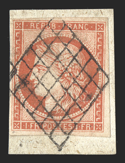 8, 1849 1Fr Bright vermilion, single with four large margins, bright color in the vermilion vif shade, tied to piece by a nearly complete diamond grid, a very fine and choice
example of this classic rarity 2007 Calves and 2009 J.F. Brun certi