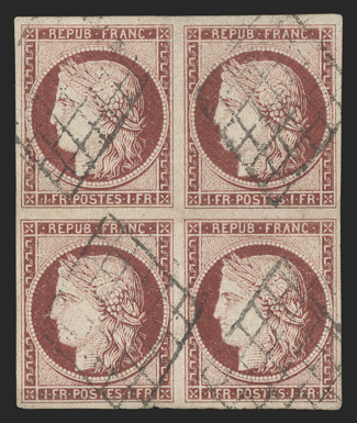 9, 1849 1Fr Dark carmine on yellowish, a very rare used block of four, large margins all around, attractive color, light diamond grid cancels, mild corner crease at top right
and tiny tear at the bottom of the bottom left stamp, very fine appear