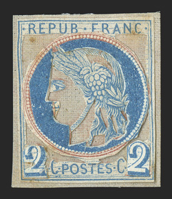 1853-71 Proof and essay group of four items, 1853 10c Napoleon trial color in black sheet-margin block of four, 1867 Bordes essays without value, irregular blocks of four in
red and blue with pen-strokes, 1870 5c Essay (first state) in black and