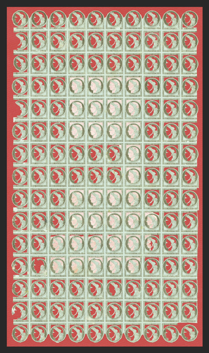 62E, 1872 30c Ceres decoupage essay in olive green with the head cut out creating a silhouette effect, block of 150 stamps (10x15) printed in the color of the 1c value, each
stamp was cut out by hand, some in the middle have a paper backing, fin