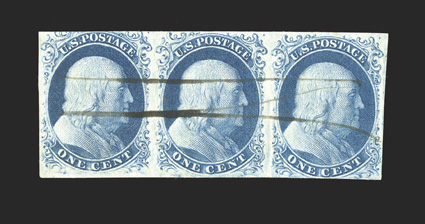 7, 1c Blue, Ty. II, positions 2-4L4, an extremely rare horizontal strip of three of the imperforate 1851 One Cent Type II from the top row of plate 4, the only row on the plate
4 sheet that produced Ty. II stamps (all of the other positions