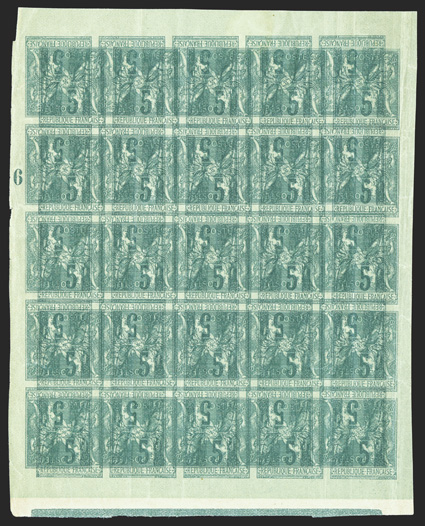 78 var., 1877 5c Green on greenish, Ty. II, imperforate, double impression, one inverted, a striking complete pane of 25, with plate no. 6 in the selvage, without gum as
always, both impressions are quite strong creating an eye-arresting showpie