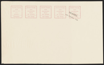 James Chalmers 1838 Reprinted essay in se-tenant strip of five of the 1p (four) and 2p (one) in red, 283x138mm and folded for display, the impression at right cancelled Dundee
10th February 1838., very fine and seldom offered also accompanied
