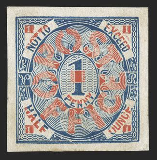 Charles Whiting Beaufort House Congreve 1p Blue and red essay number 6, large even margins all around, sealed tear at bottom, very fine appearance.