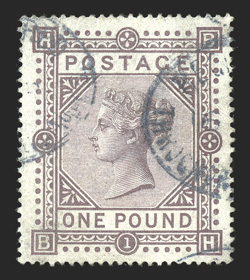 75, 1878 £1 Brown lilac, watermark Maltese Cross, used, particularly well centered, attractive color, light oval registry cancels, faint creasing, otherwise very fine 2001
Sismondo certificate (S.G. 129 £4,000).