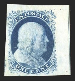 7, 1c Blue, Ty. II, position 10L4, an extremely rare and striking unused top right corner straddle-margin and centerline example of the imperforate 1851 One Cent Type II from
the top row of plate 4, the only row on the plate 4 sheet that pro