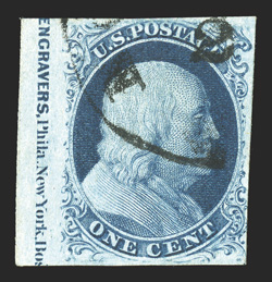8A, 1c Blue, Ty. IIIa, position 51L4, an exceptionally scarce left sheet-margin imprint single, with a large portion of the imprint showing in the sizable sheet margin measuring
5mm, other margins full to just touching the design, deep luxur