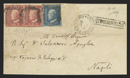 13, 14, 1858 2g Blue, 5g Deep rose, single of 2g and horizontal pair of 5g with ample margins nearly all around, tied by fancy ornamental cancel on 1859 folded cover to Napoli,
Palermo c.d.s. and Castrogiovanni straight line in box handstamp, re