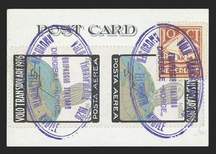1926 Polar Flight of the dirigible Norge, specially printed petite flown card over the North Pole, franked with a remarkable vertical se-tenant pair of the Nobile flight
vignette, one stamp with an inverted center, in addition to being imperf