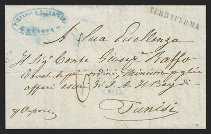 1858 Stampless folded letter from Italy to Tunisia, with Terraferma straight line handstamp, Cagliari transit backstamp, ms. 6 rated, scarce blue Tunisi Poste Sarde c.d.s.,
fresh and very fine 2010 du Vachat certificate.