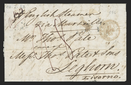 1853 folded letter from Alexandria to Livorno, datelined February 18, 1853 with ms. English Steamer via Marseille, red Marseille transit c.d.s., rated 28 in manuscript, Antibes
backstamp of Feb. 28 and Livorno arrival c.d.s. of March 3, fine