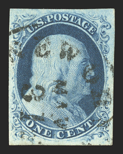 8A, 1c Blue, Ty. IIIa, position 57L4, a wonderfully choice used example of this scarce type from Plate 4, featuring four uniformly large and well balanced margins, gorgeous
intense color and impression, unobtrusive New York c.d.s., extremely fin