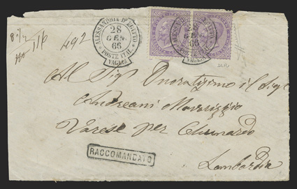 Italy 32 (Sassone L21) 1863 60c Violet, De la Rue printing, horizontal pair tied by Alessandria dEgitto Poste Ital. Vaglia 28 janv. 66 postmark on front only to Lombardy, fine
believed to be a unique usage accompanied by a 2008 Sorani