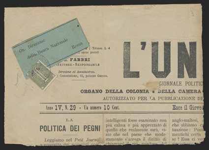 1, 1863 1c Olive green, single tied by Tunisi c.d.s dated 1880 on wrapper band and part of a newspaper addressed to Rome, fine an enormously rare single usage of the 1c stamp
2010 du Vachat certificate (Sassone 1 €3,250).