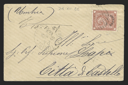 2, 1874 2c Orange brown, tied by light 235 in grid cancel of Tunis, with matching Tunisi 24 Dec. 86 c.d.s. on cover to Citta di Castello, Palermo transit and Citta di Castello
arrival backstamp of Dec. 31, very fine a single usage of the 2c i