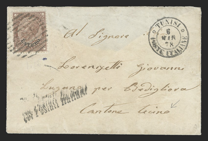 8, 1863 30c Brown, single tied by 235 in grid of Tunis, with matching Tunisi 6 Mar 78 c.d.s. on cover to Lugano, Switerland, partial backstamps, backflap largely missing, fine
usages outside Italy and the Levant are uncommon 2010 du Vach