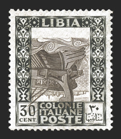 26a, 1921 30c Black and black brown, Center Inverted, highly select mint example of this very scarce error, well centered, deep rich colors, o.g., lightly hinged, very fine
signed A. Diena and accompanied by a 2009 PF certificate (Sassone 27c