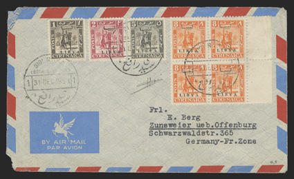 Sassone 1, 2, 5, 6, 1951 1m, 2m, 5c and 8m Cyrenaica stamps with Libya overprints, singles of first three, margin block of the 8c, all tied by Dec 31, 1951 Sidi Rapah c.d.s.
postmarks on cover to Germany, Benghasi transit backstamp of Januar