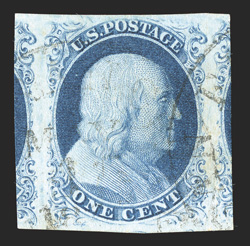 8A, 1c Blue, Ty. IIIa, position 58L4, a gem used example of this scarce stamp, featuring outstanding margins, ranging from full at top to huge on the other three sides,
including showing equal substantial portions of the adjoining stamps both at