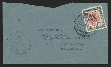 Sassone 11, 1951 100m Cyrenaica stamp with Libya overprint, single tied by Torbrouk c.d.s. on cover to the Relief Commission of the Destitute in Tripoli, stamp with small stain
at right, cover opened at top removing the entire backflap and a pie