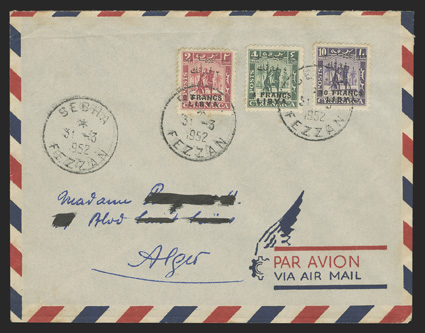 Sassone 14, 15, 17, 1951 1m, 2m and 10m Cyrenaica stamps with Francs Libya overprints, tied by Fezzan 3-31-1952 c.d.s. postmarks on cover to Alger, the stamps have some minor
perf. tip toning, otherwise very fine this issue is particularly rare