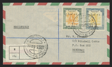 Sassone 33, 1951 240 Mal surcharge on 500m Green and orange, two singles, the one on right being in blue and yellow (probably a color changeling), tied by 1951 Tripoli c.d.s.
on registered cover to Benghazi, Tripoli and Benghazi backstamps, very