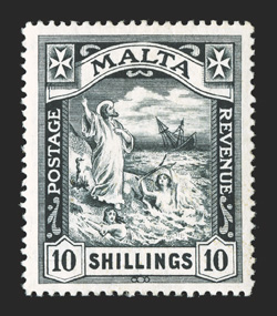 65, 1919 10- Black, watermarked multiple Crown and CA, a gem mint example of this key rarity of Malta, being one of the finest quality copies we have had the pleasure to offer,
possessing a marvelous overall freshness, with deep luxuriant
