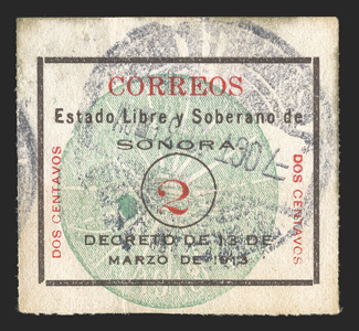 324a, 1913 2c Red and black with green seal, embossed, used, with light c.d.s. cancel, well centered, vertical crease, very fine appearance this is the rarest stamp of all the
Sonora provisionals, being almost never offered at auction 2011